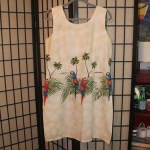 Womens Vtg KY'S Made in Hawaii USA Beige Dress Parrots and Palm Trees Beige 2XL